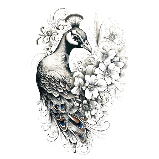 Black and Grey Peacock Tattoo Design