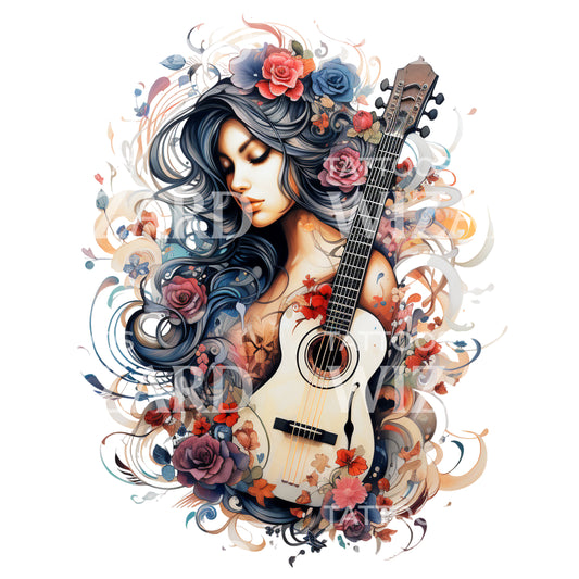 Conception de tatouage de guitare et de femme espagnole