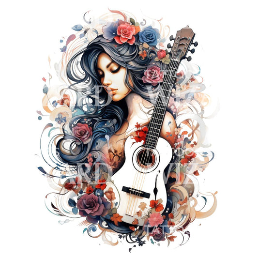 Spanish Guitar and Woman Tattoo Design