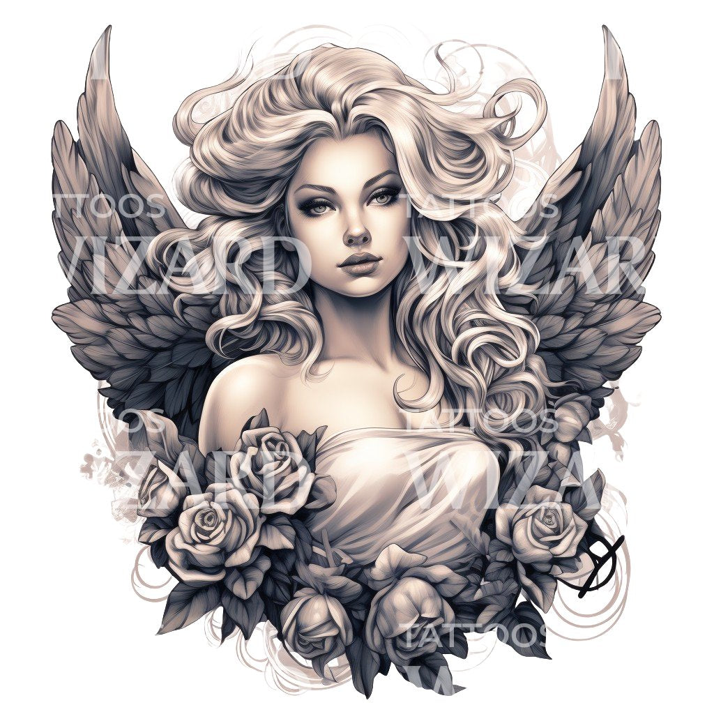 Black and Grey Woman Angel Portrait Tattoo Design