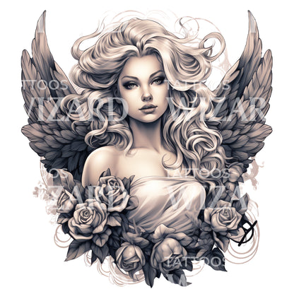 Black and Grey Woman Angel Portrait Tattoo Design