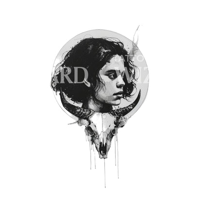 Strong Woman and Longhorn Skull Tattoo Design