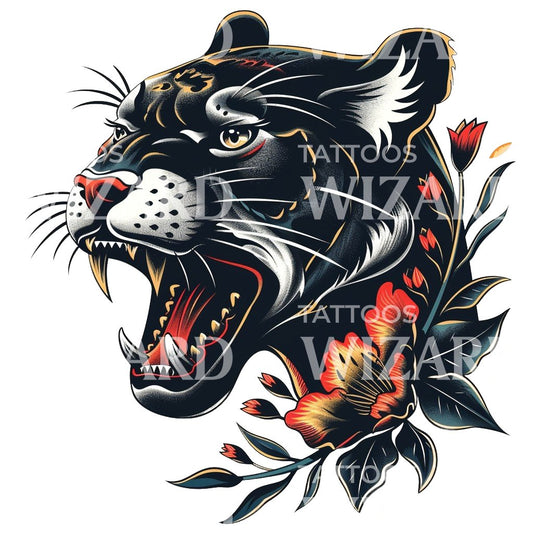 Farbenfrohes asiatisches Tattoo mit schwarzem Panther