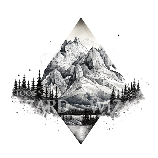 Dotwork Mountain Landscape Tattoo Design