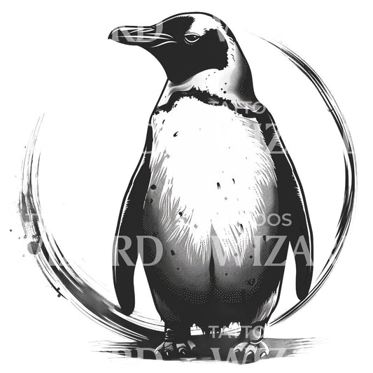 Pingouin dans un cercle conception de tatouage noir et gris