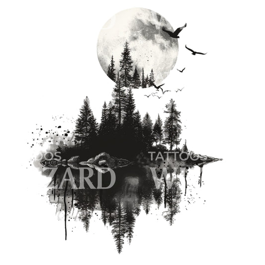 Ink Pine Forest Landscape Tattoo Design