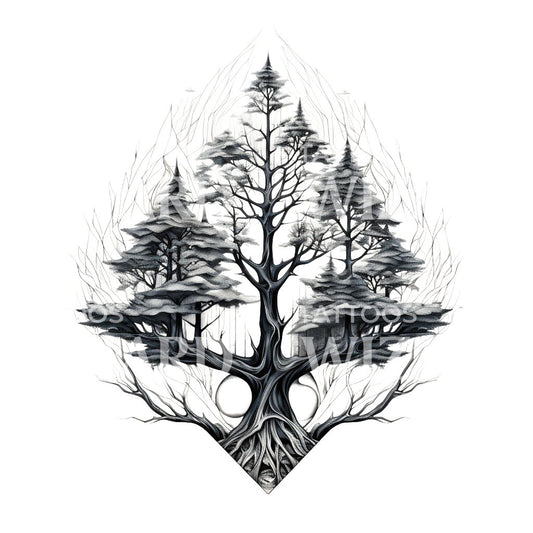 Black and Grey Fantasy Pine Tattoo Design