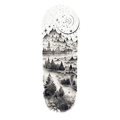 Dotwork Starry Night Landscape Tattoo Design