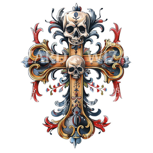 Old School Skulls on a Cross Tattoo Design
