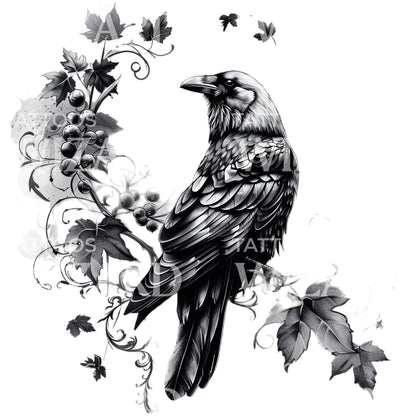 Raven On Ivy Branch Tattoo Design