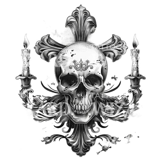 Mystical Skull and Two Candles Tattoo Design