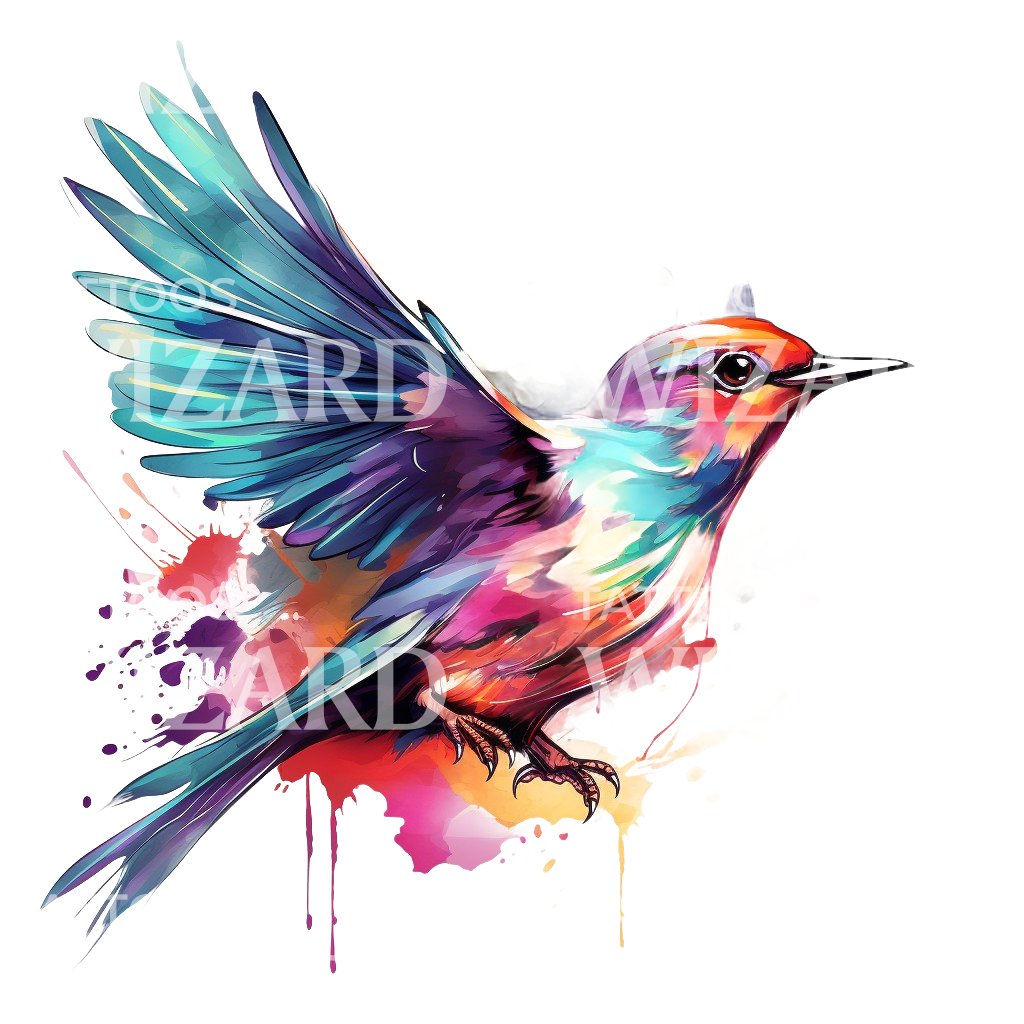 Conception de tatouage d'oiseau coloré aquarelle