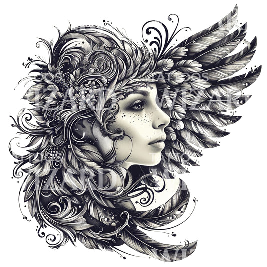 Peaceful Eagle Goddess Tattoo Design