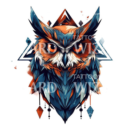 Geometric Vibrant Owl Tattoo Design