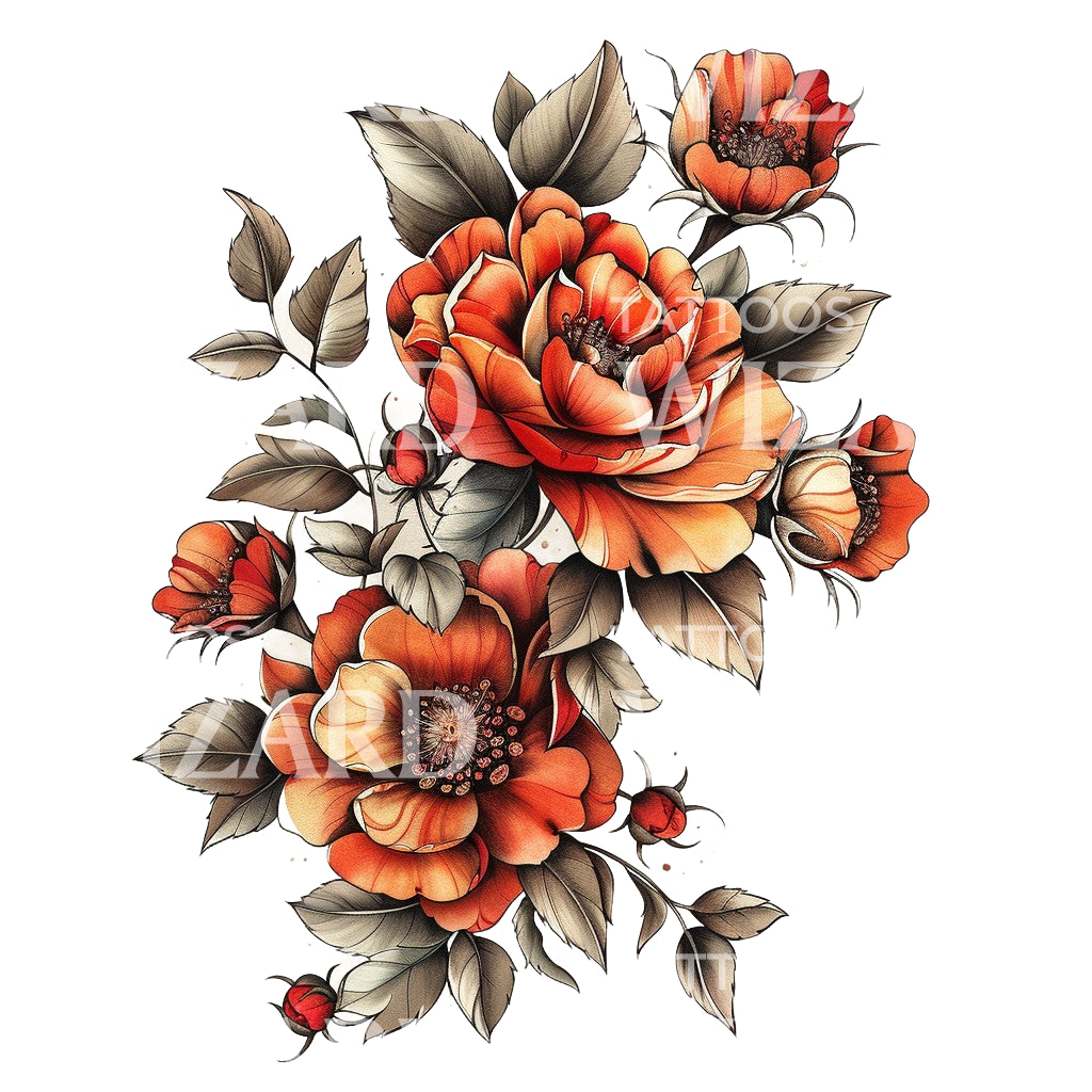 Conception de tatouage de fleurs de pivoines vintage