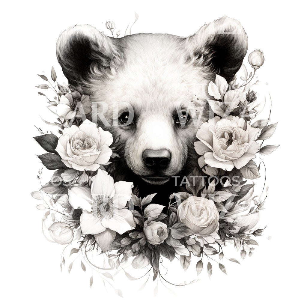 Cute Bear Cub Black and Grey Tattoo Design
