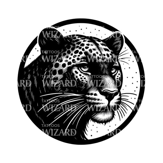 Cute Leopard In Black Lines Tattoo Design