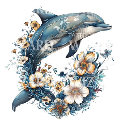Blue Dolphin and Flowers Tattoo Design