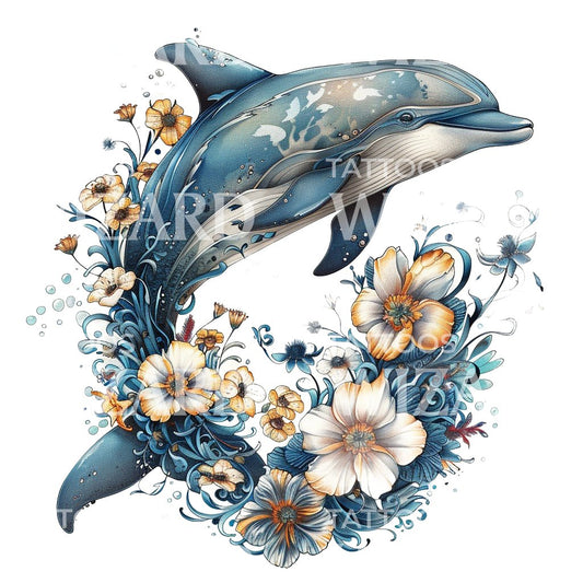 Blaues Delphin- und Blumen-Tattoo-Design