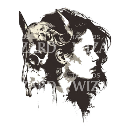 Woman and Buffalo Skull Tattoo Design