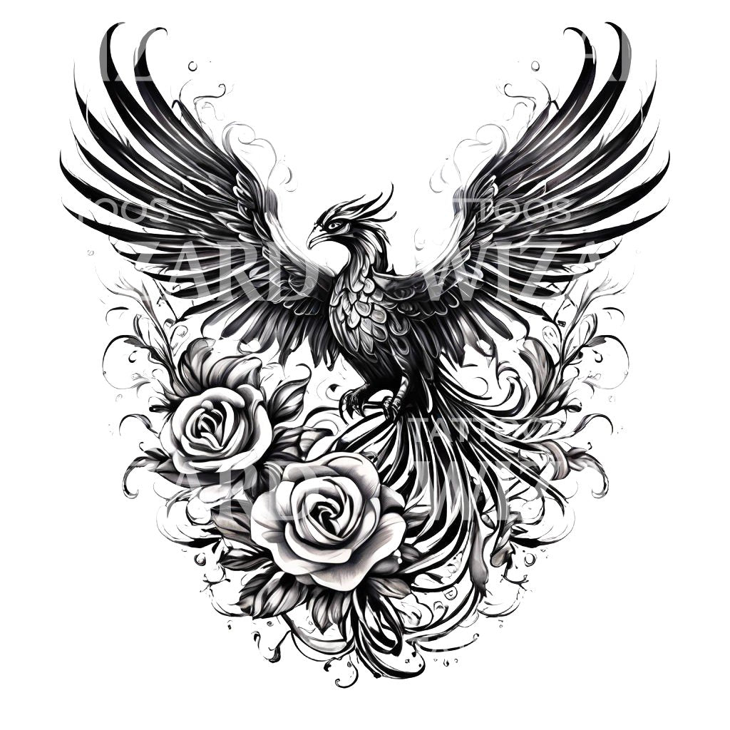 Illustrative Phoenix and Roses Tattoo Design – Tattoos Wizard Designs
