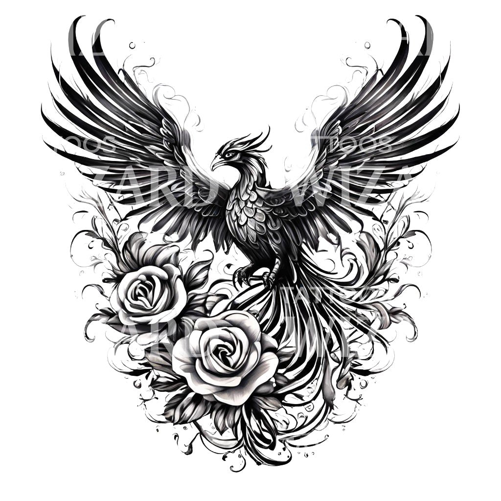 Illustrative Phoenix and Roses Tattoo Design