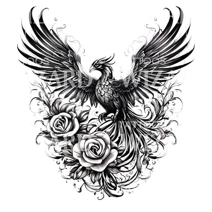 Illustrative Phoenix and Roses Tattoo Design