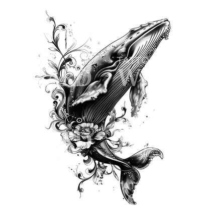Majestic Whale and Flowers Tattoo Design