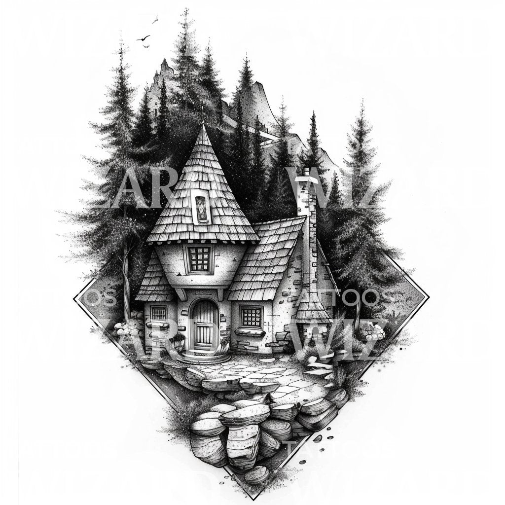 La cabane de Hagrid dans la conception de tatouage en forêt