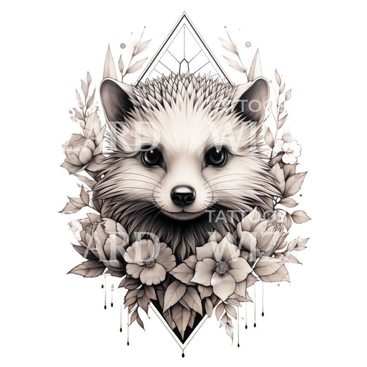 Cute Hedgehog with Wild Flowers Tattoo Design