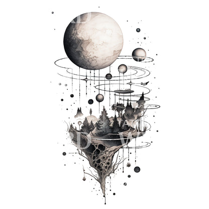 Planet and Landscape Dotwork Tattoo Design