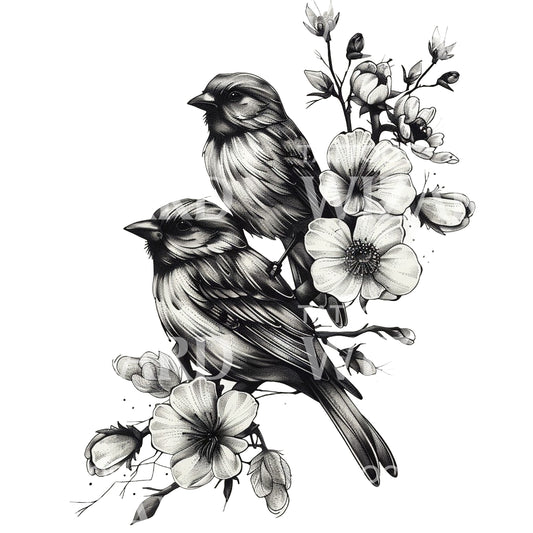 Cute Sparrows on a Cherry Tree Tattoo Design