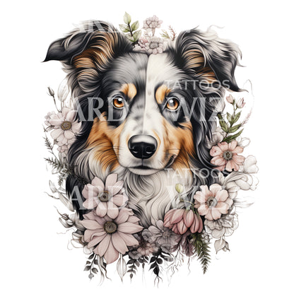 Australian Shepherd and Flowers Portrait Design