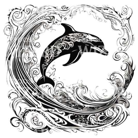 Graceful Leaping Dolphin with swirling waves Tattoo Design