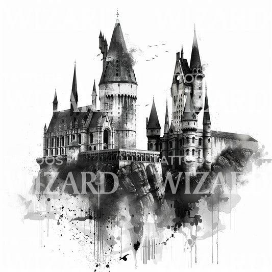 Geheimnisvolles Hogwarts-Schloss-Tattoo-Design