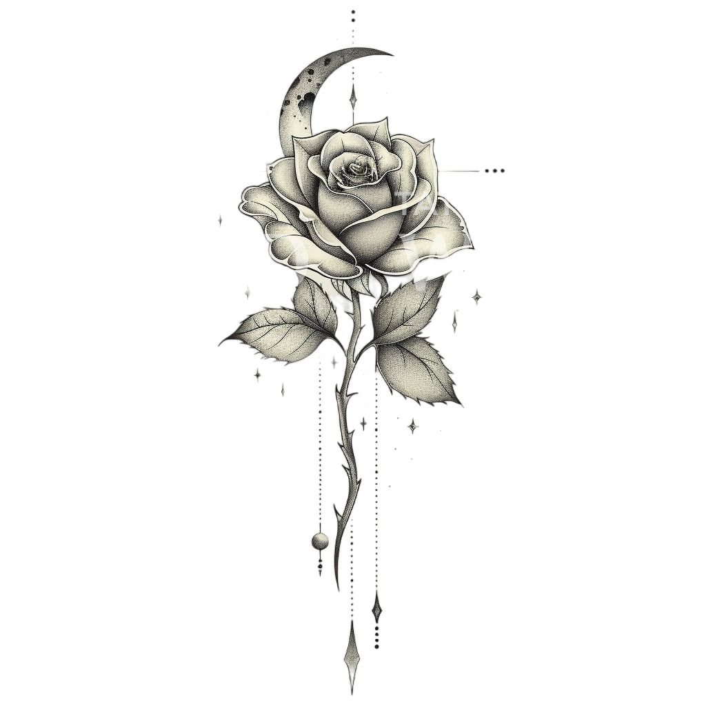 Feine Linien Rose und Mond Tattoo Design