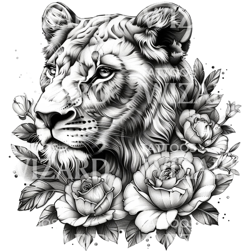 Sublime portrait de lionne conception de tatouage noir et gris