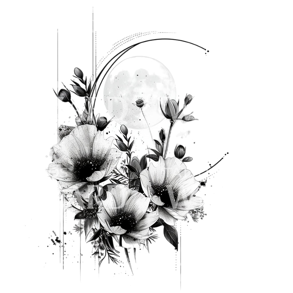 Elegant Poppy Flowers and Moon Tattoo Design