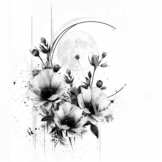 Fleurs de pavot élégantes et conception de tatouage de lune