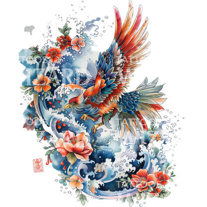 Traditional Japanese Bird Composition Tattoo Design