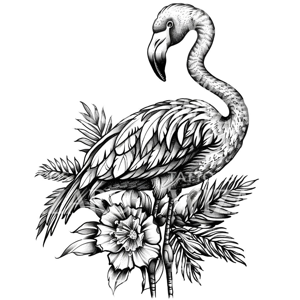 Dotwork Tropical Flamingo Tattoo Design