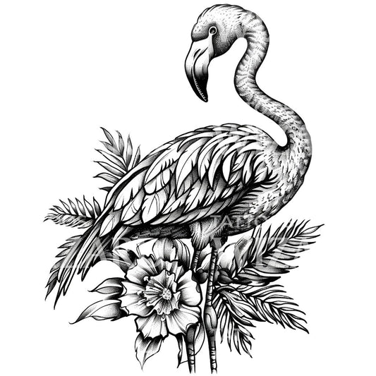 Conception de tatouage de flamant tropical Dotwork