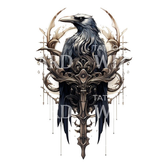 Majestic Crow on Dagger Tattoo Design