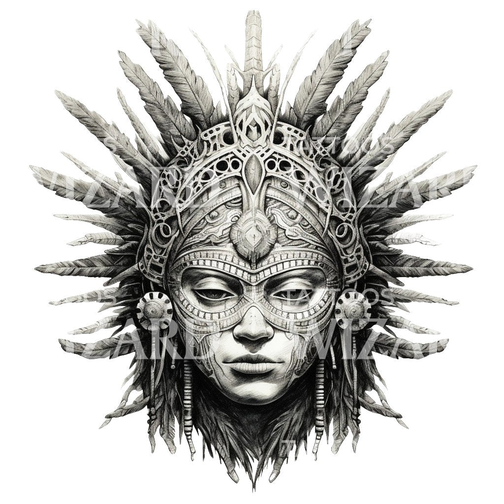 Femme chamane aztèque dans la conception de tatouage de cérémonie rituelle