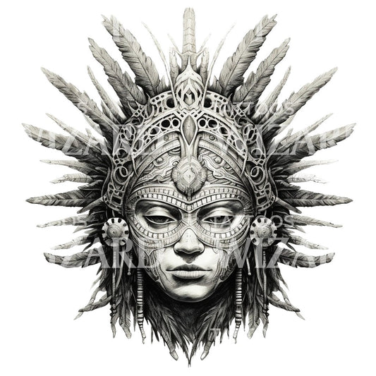 Femme chamane aztèque dans la conception de tatouage de cérémonie rituelle