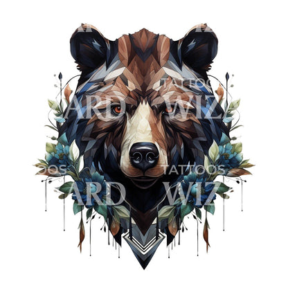 Geometric Bear Portrait with Flowers Tattoo Design