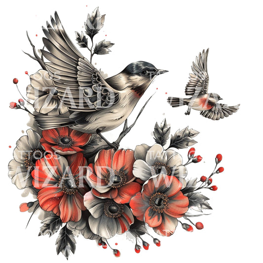 Vintage Sparrows and Peonies Tattoo Design