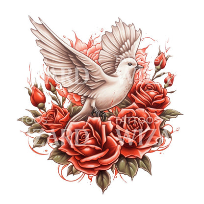 Neo Traditional Dove with Roses Tattoo Design