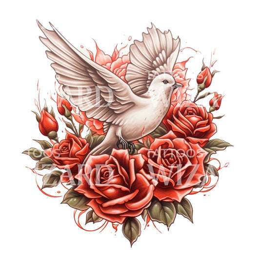 Neo Traditional Dove with Roses Tattoo Design