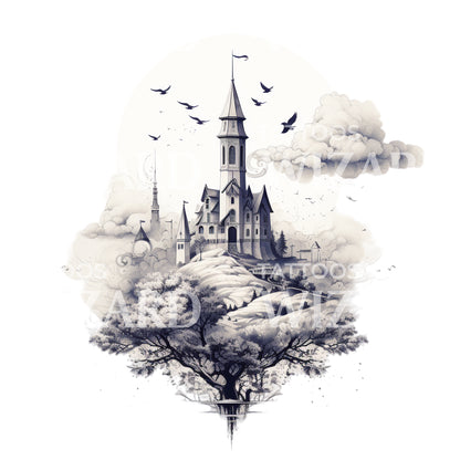 Dotwork Imaginary Church Landscape Tattoo Design